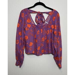 Free People purple floral linen blend blouse tie-back design size XS